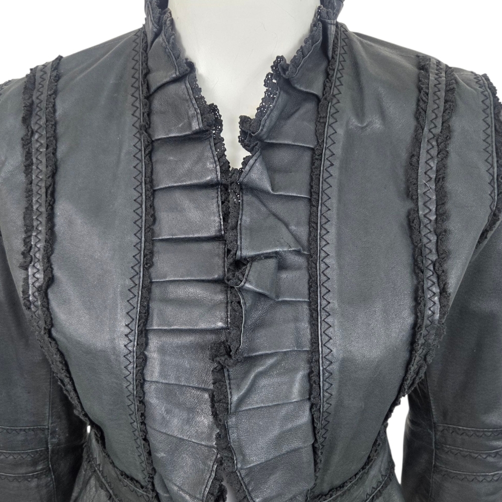 Vintage Y2K Black Leather Jacket Womens Small Ruffle Whimsygoth Romance Coquette - Picture 2 of 12